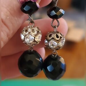 Antique Earrings Black Glass Rhinestone Elegant Drop Beads  Pierced